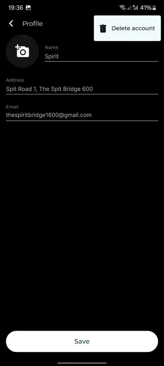 Delete account: Profile menu and options