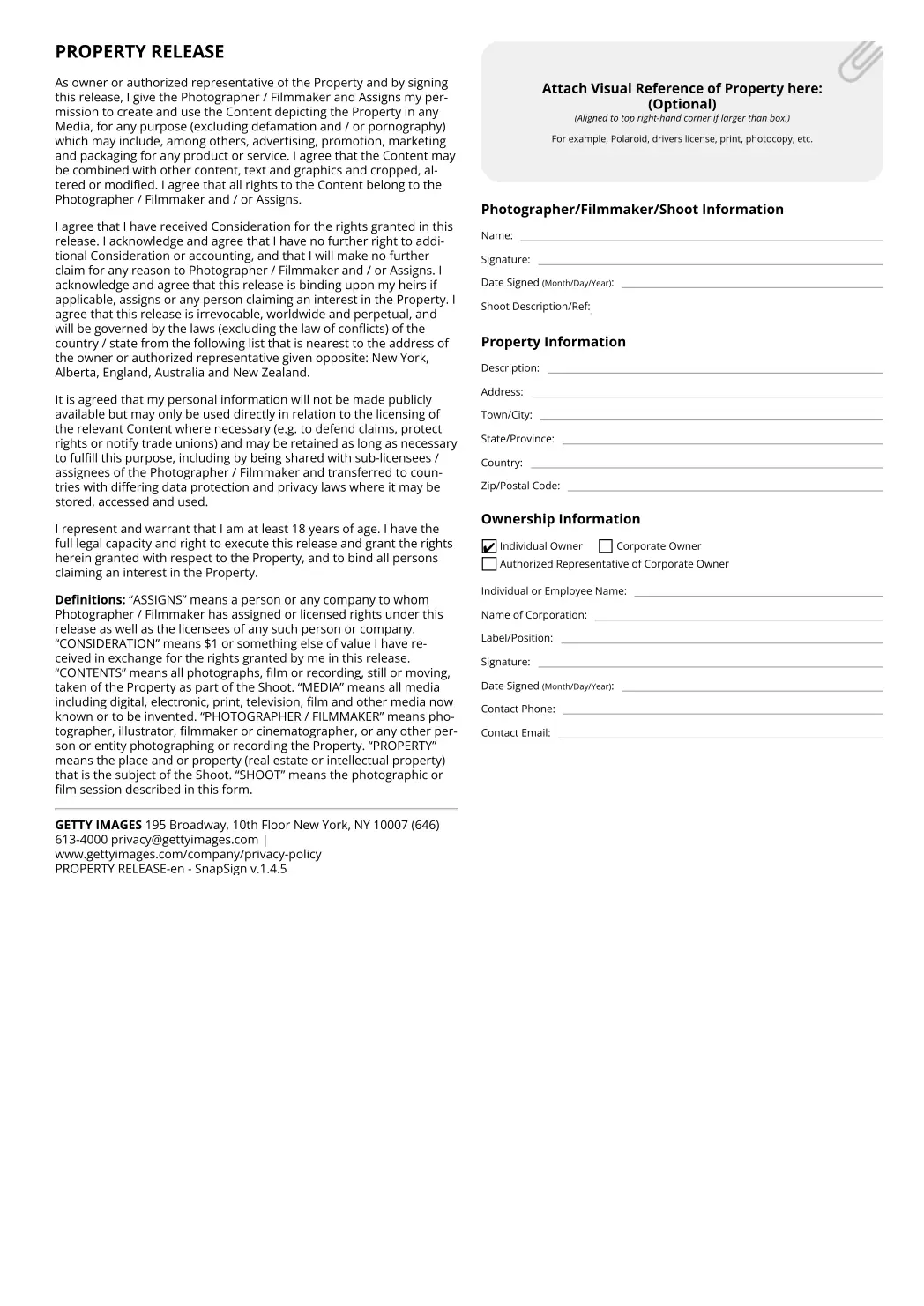 Example Getty Images property release form