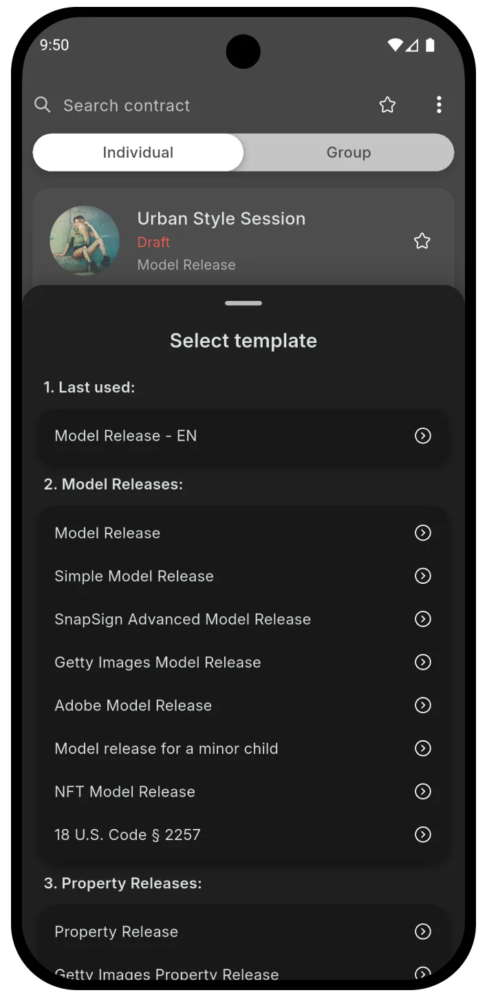 Model Release App template selection screen with model and property release options