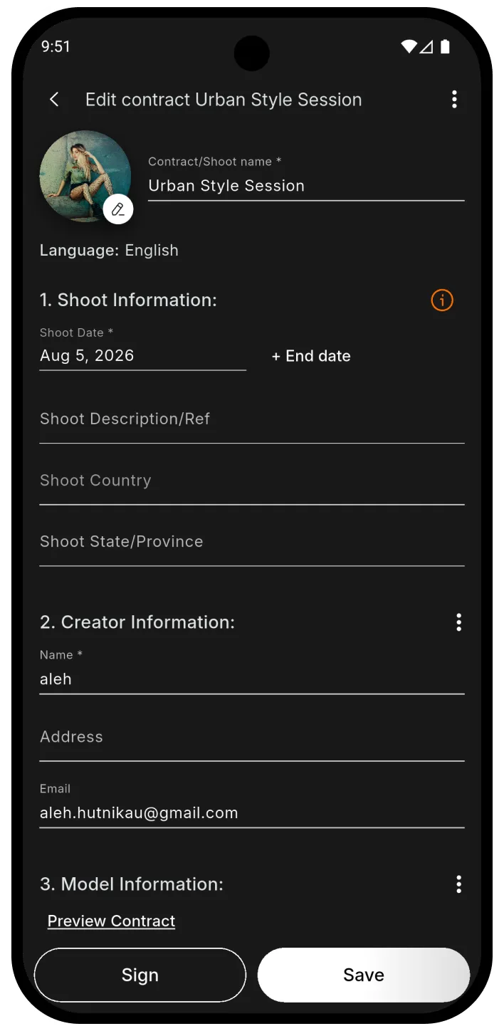 Model Release App shoot details and contract editing screen