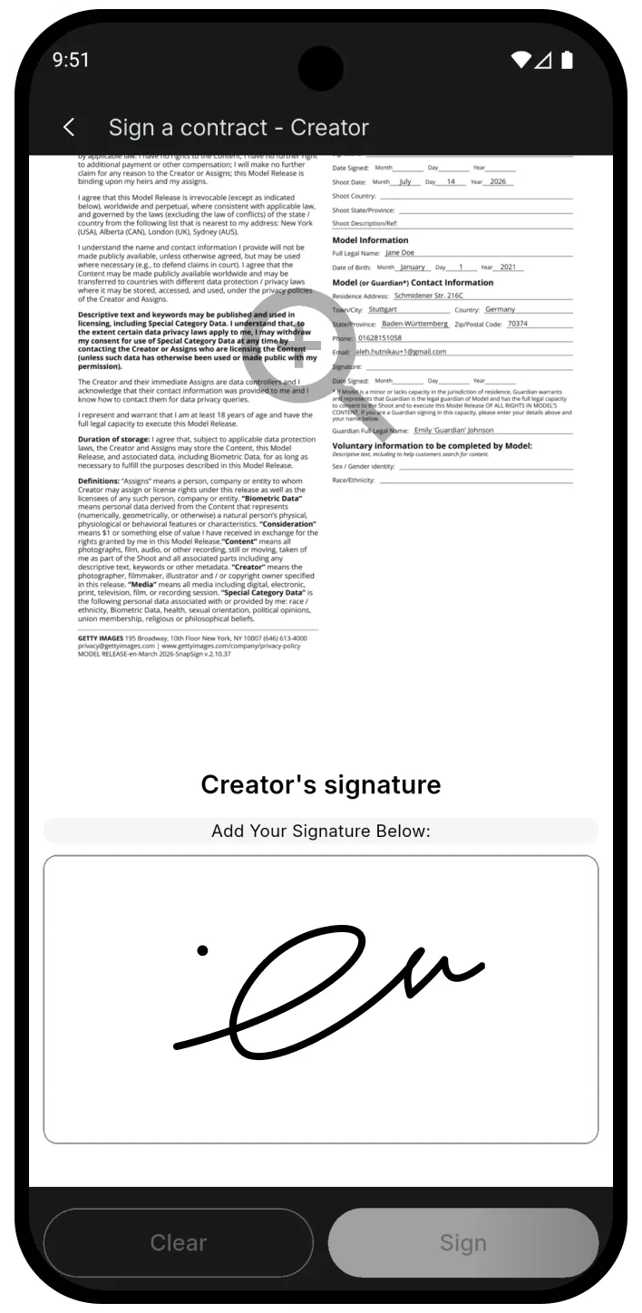 Model Release App contract signing screen with signature pad