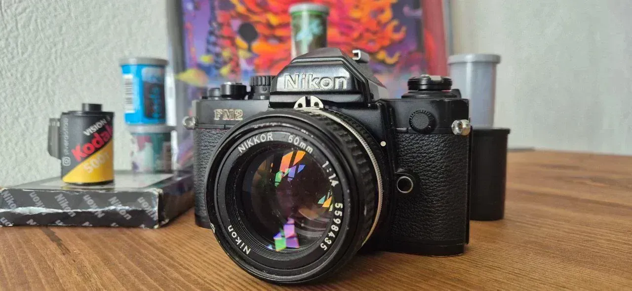 Nikon FM2n top plate detail — shutter speed dial and advance lever