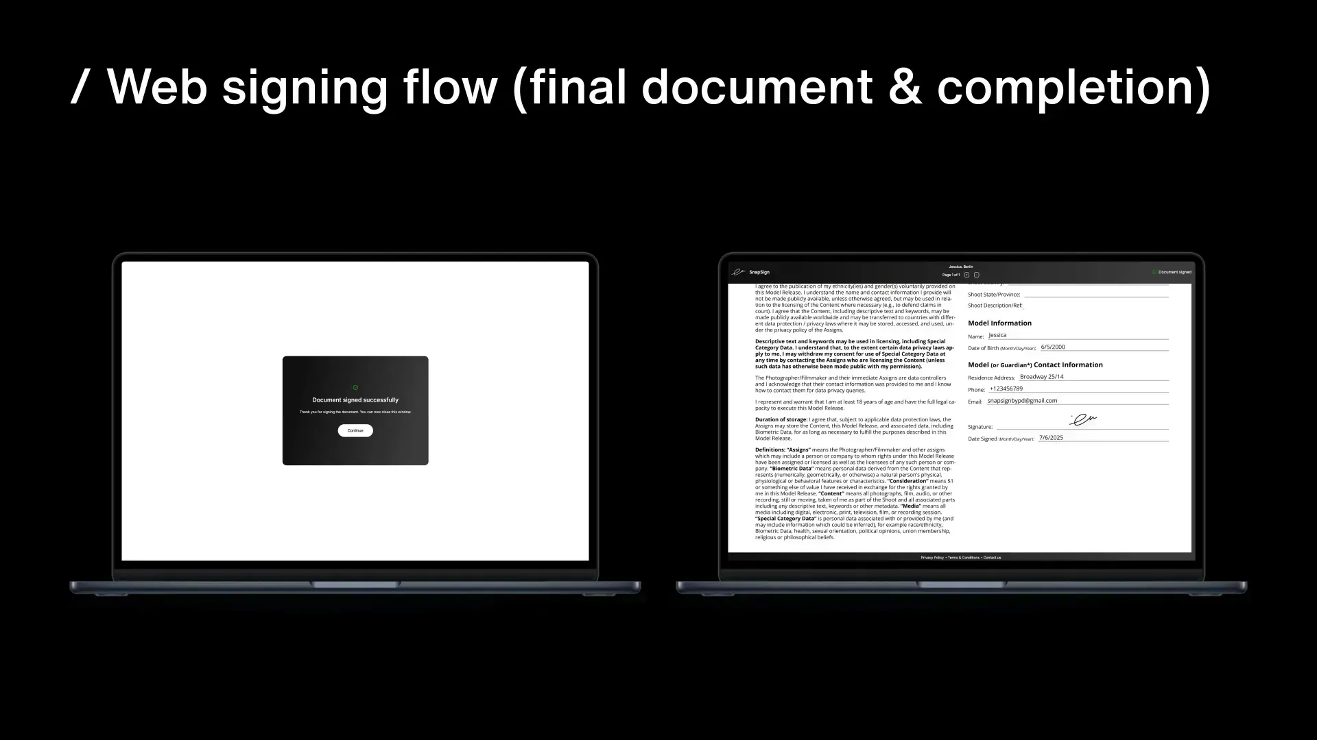 Completing the remote signing flow in Model Release App on the web