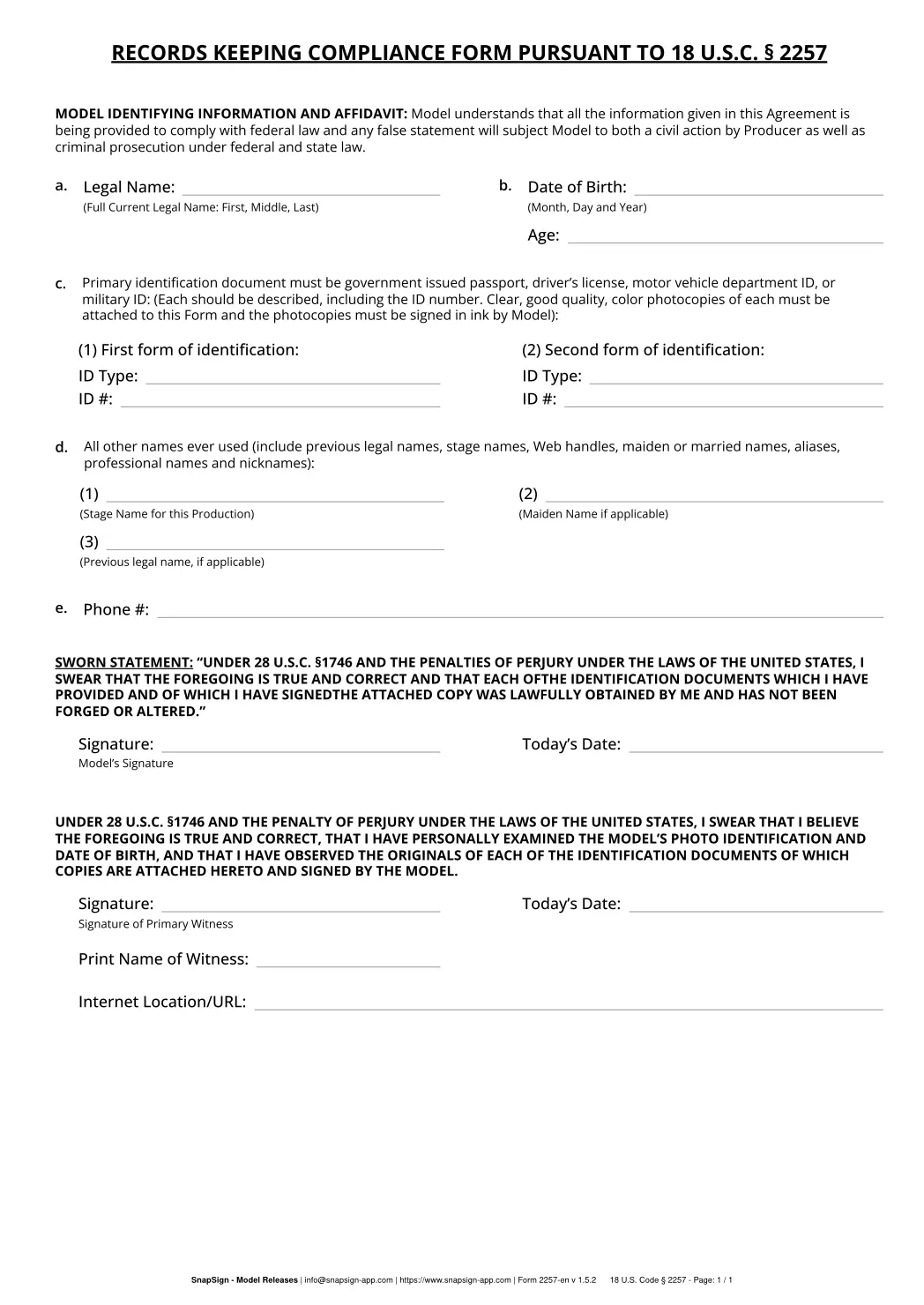 Model Release App 2257 legal compliance form template