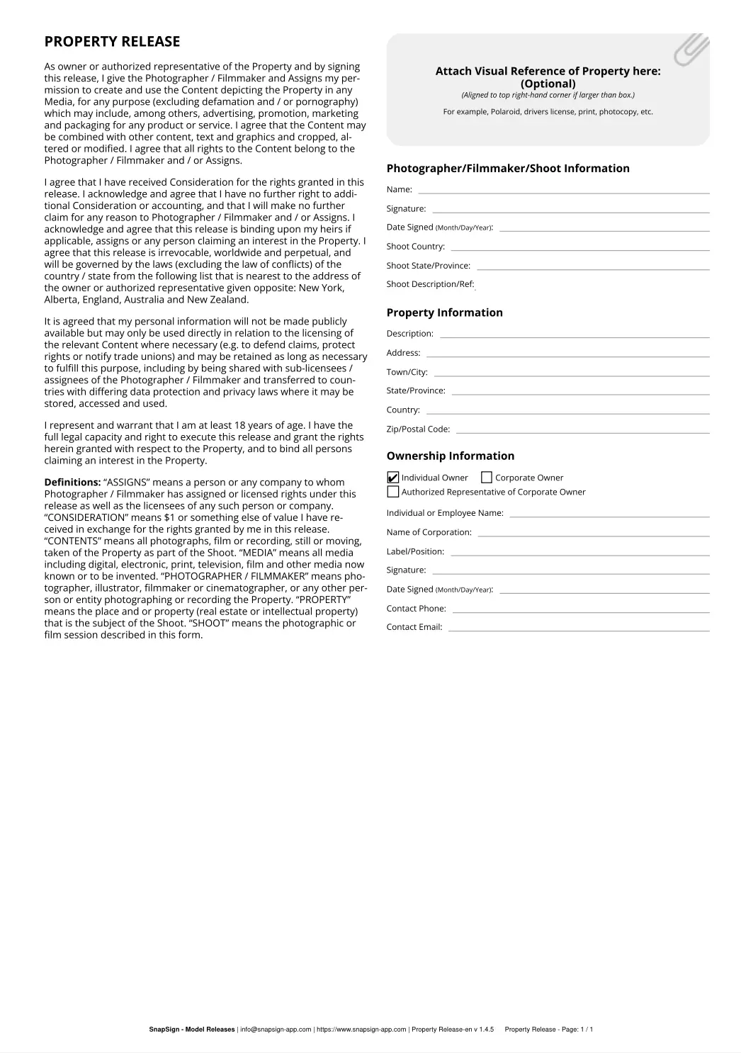 Model Release App property release form — digital template showing property description, usage rights, compensation terms, and signature fields