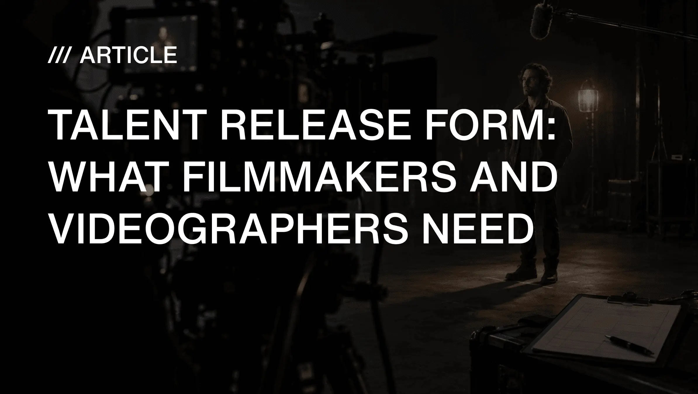 A videographer handing a talent release form on a tablet to an on-camera interview subject in a documentary setting