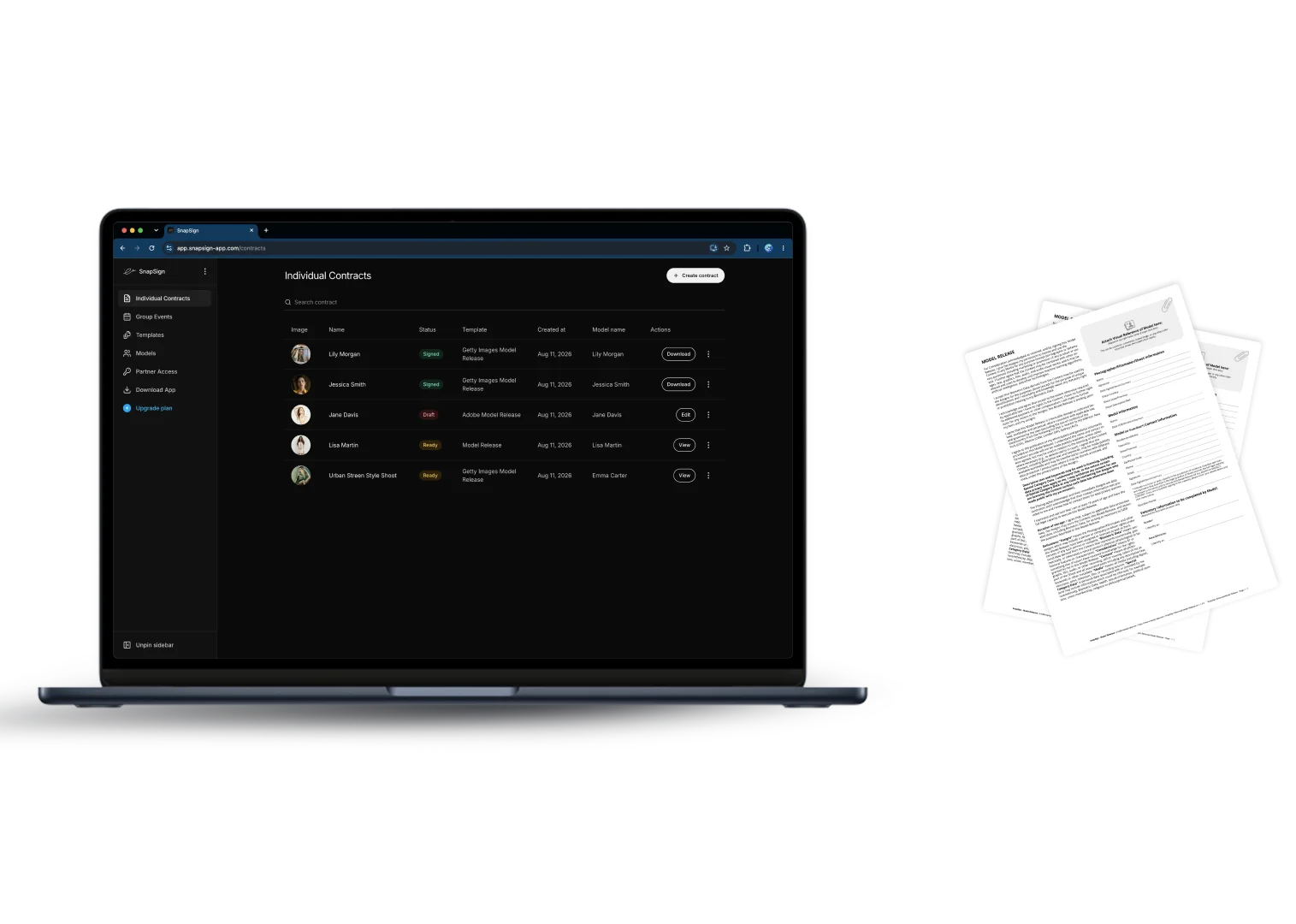 Model Release App contracts list with PDF export for signed releases