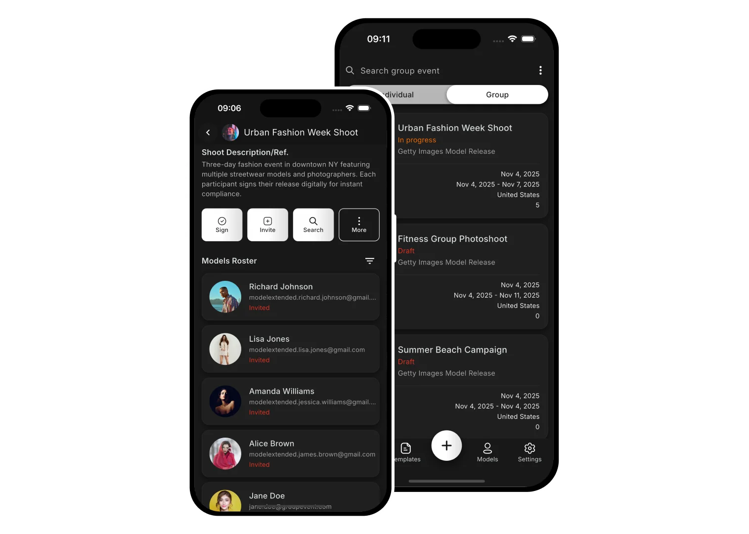 Model Release App Group Events invitation link and participant overview
