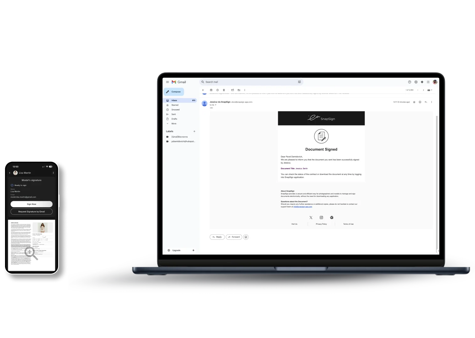 Send a signature request by email and collect the signed release in the browser